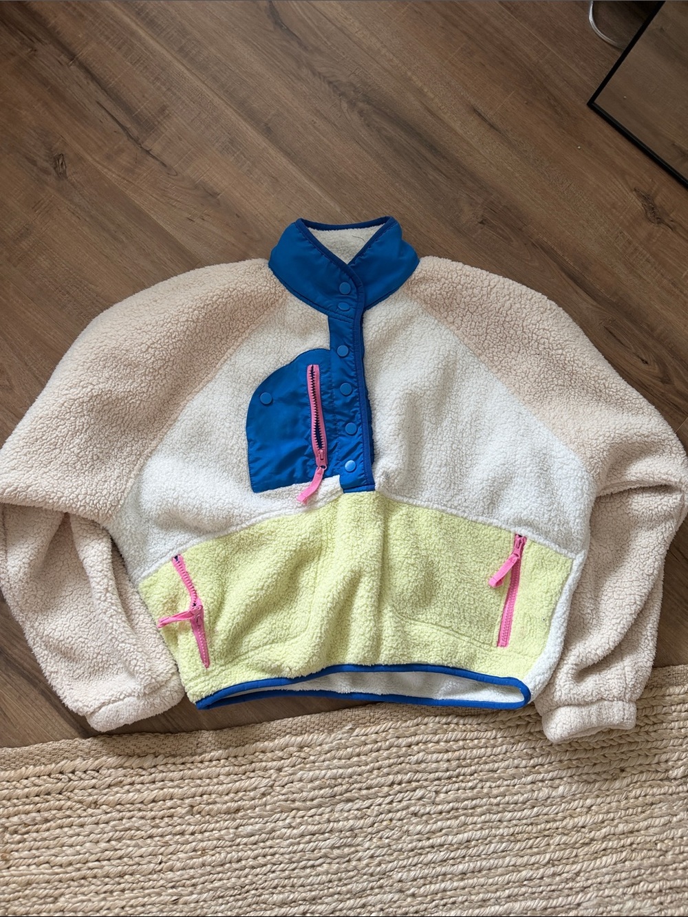 Cozy Colorblock Fleece Pullover Jacket - Blue, Cream & Yellow